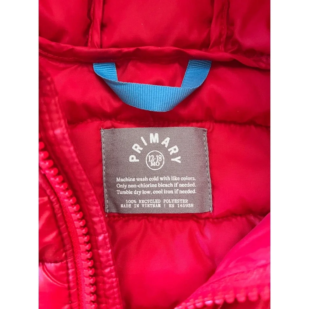 Primary Kids Raspberry Red Hooded Puffer Jacket 12-18 Months Recycled Polyester
